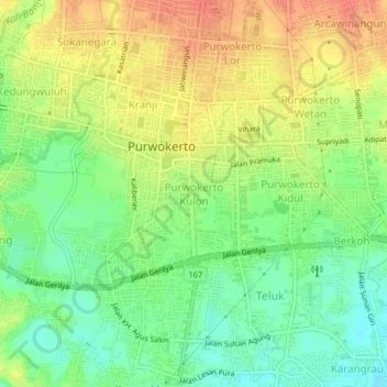 Mapa topográfico Purwokerto Kulon, altitude, relevo
