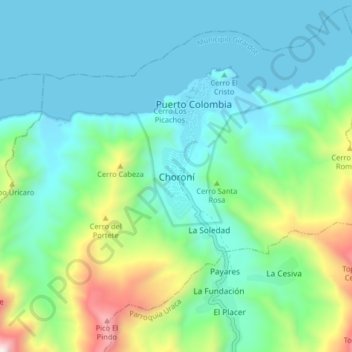 Mapa topográfico Choroní, altitude, relevo