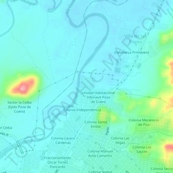 Mapa topográfico Unidad Habitacional Infonavit Las Gaviotas, altitude, relevo