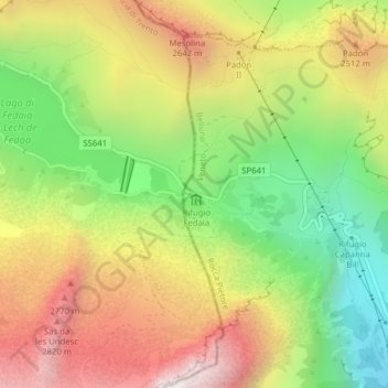Mapa topográfico Passo Fedaia, altitude, relevo