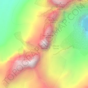 Mapa topográfico Torres del Paine, altitude, relevo