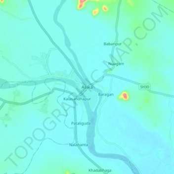 Mapa topográfico Asika, altitude, relevo