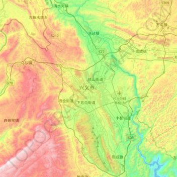 Mapa topográfico Xingyi, altitude, relevo