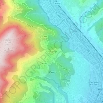 Mapa topográfico Carros-Village, altitude, relevo
