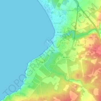 Mapa topográfico Son Verí, altitude, relevo