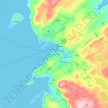 Mapa topográfico Hammerfest, altitude, relevo