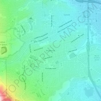 Mapa topográfico Broadmoor, altitude, relevo