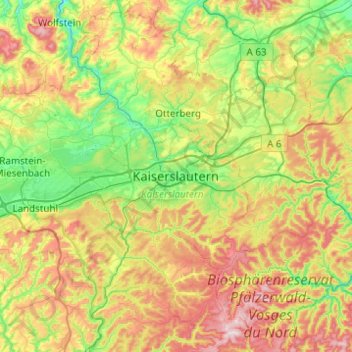 Mapa topográfico Kaiserslautern, altitude, relevo