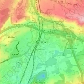 Mapa topográfico Merstham, altitude, relevo