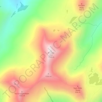 Mapa topográfico Binnein Mor, altitude, relevo