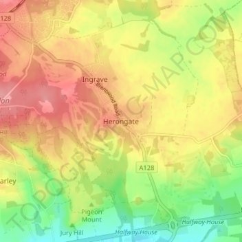 Mapa topográfico Herongate, altitude, relevo