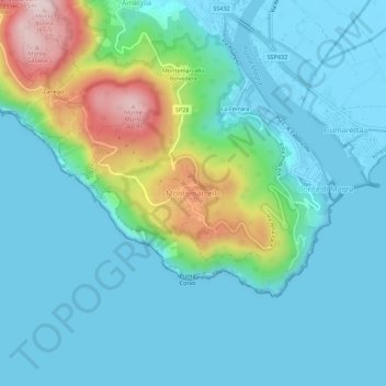 Mapa topográfico Montemarcello, altitude, relevo