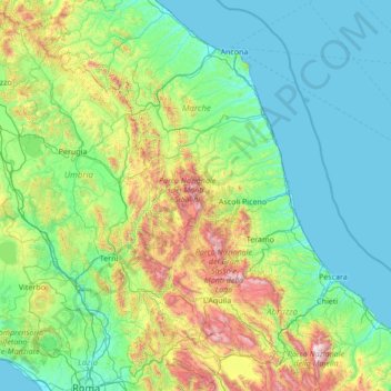 Mapa topográfico Monti Sibillini, altitude, relevo