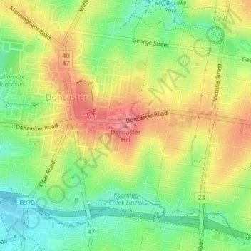 Mapa topográfico Doncaster Hill, altitude, relevo