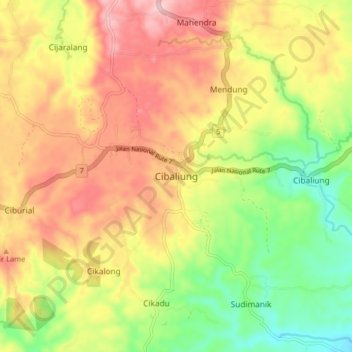 Mapa topográfico Cibaliung, altitude, relevo