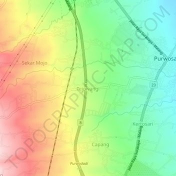 Mapa topográfico Tejowangi, altitude, relevo