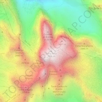 Mapa topográfico Cima Tosa, altitude, relevo