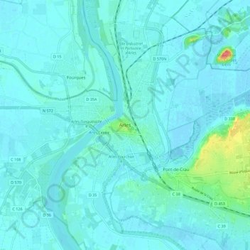 Mapa topográfico Arles, altitude, relevo