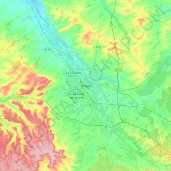 Mapa topográfico Troyes, altitude, relevo