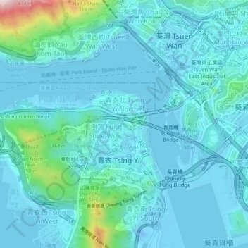 Mapa topográfico 青衣漁民村, altitude, relevo