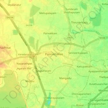 Mapa topográfico Poonamallee, altitude, relevo