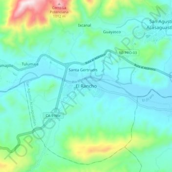 Mapa topográfico El Rancho, altitude, relevo