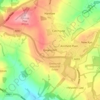 Mapa topográfico Greencroft, altitude, relevo
