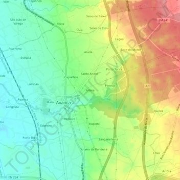 Mapa topográfico Aldeia, altitude, relevo