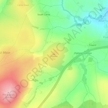 Mapa topográfico Trewint Tor, altitude, relevo