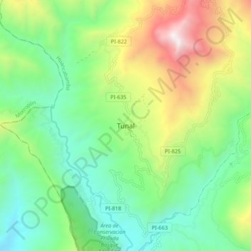 Mapa topográfico Tunal, altitude, relevo