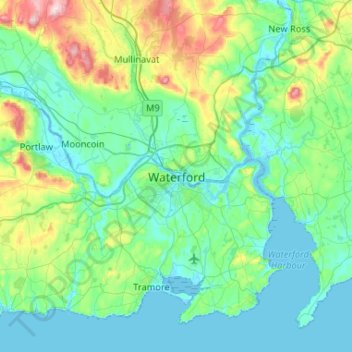 Mapa topográfico Waterford, altitude, relevo