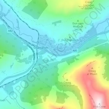 Mapa topográfico Inverardran, altitude, relevo