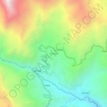 Mapa topográfico Mallas, altitude, relevo