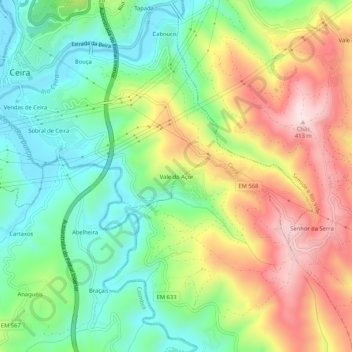 Mapa topográfico Vale do Açor, altitude, relevo