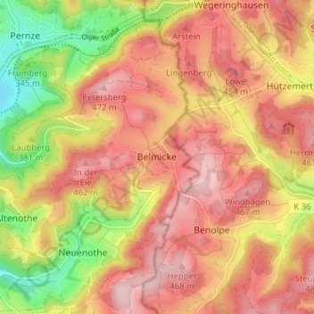Mapa topográfico Belmicke, altitude, relevo