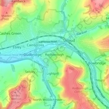Mapa topográfico Rodborough, altitude, relevo