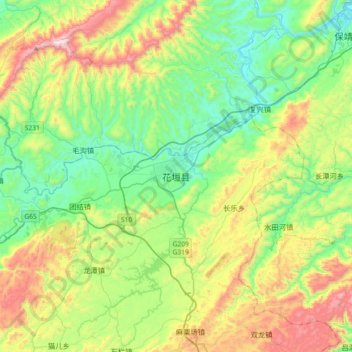 Mapa topográfico 花垣县, altitude, relevo