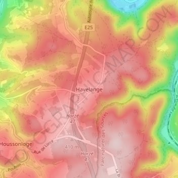 Mapa topográfico Havelange, altitude, relevo