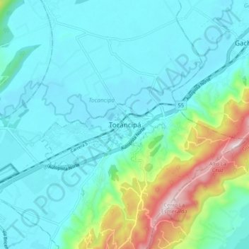 Mapa topográfico Tocancipá, altitude, relevo