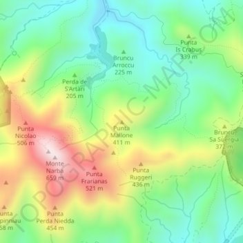 Mapa topográfico Punta Mallone, altitude, relevo