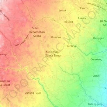 Mapa topográfico Kecamatan Sakra Timur, altitude, relevo