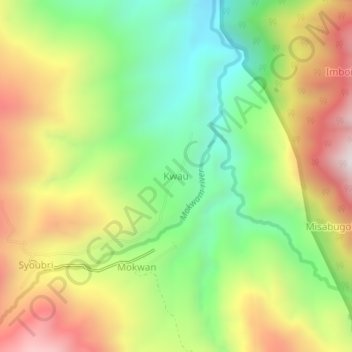 Mapa topográfico Kwau, altitude, relevo