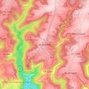 Mapa topográfico Hoscheid, altitude, relevo