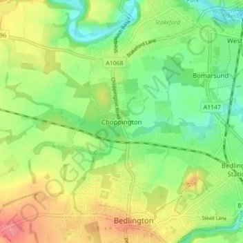 Mapa topográfico Choppington, altitude, relevo