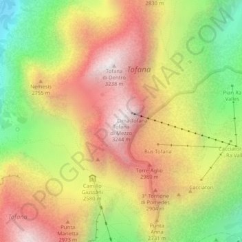 Mapa topográfico Tofana di Mezzo, altitude, relevo