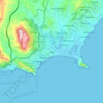 Mapa topográfico Calpe, altitude, relevo