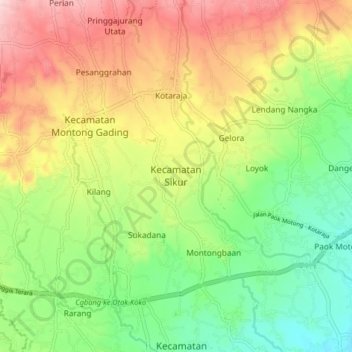 Mapa topográfico Kecamatan Sikur, altitude, relevo