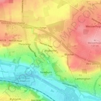 Mapa topográfico Walbottle, altitude, relevo