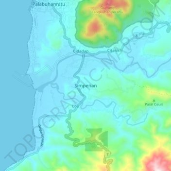 Mapa topográfico Simpenan, altitude, relevo