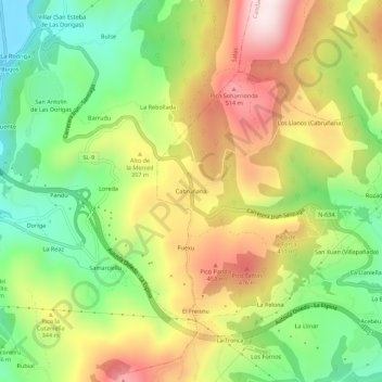 Mapa topográfico Cabruñana, altitude, relevo